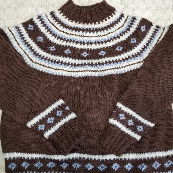 Handmade knit mockneck sweater brown size  womens L?/mens M? fairisle acrylic? - Picture 5 of 6